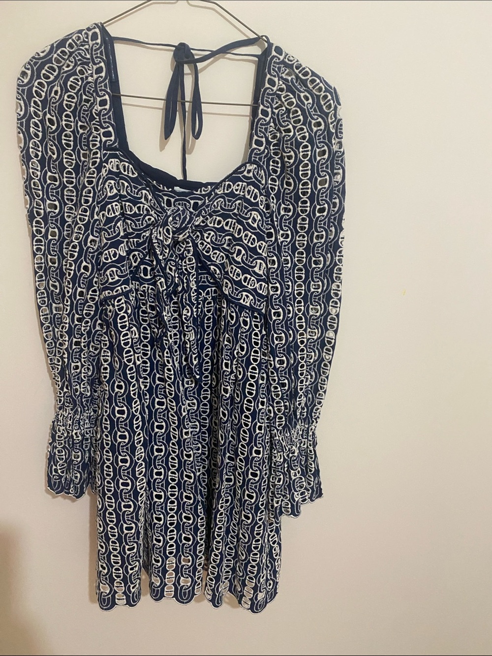 Women's Navy and White Patterned Long-Sleeve Dress